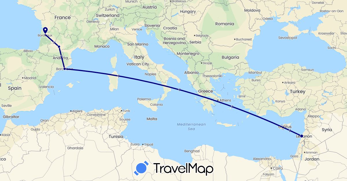 TravelMap itinerary: driving in Spain, France, Lebanon (Asia, Europe)